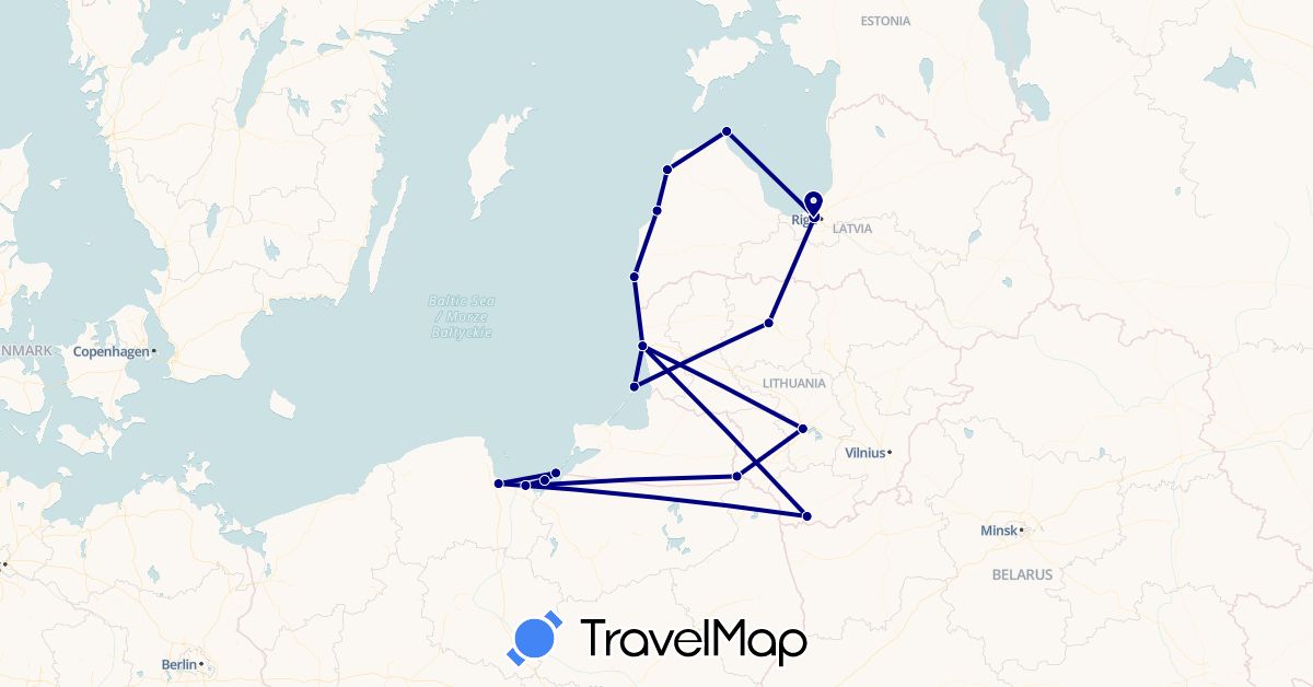 TravelMap itinerary: driving in Lithuania, Latvia, Poland (Europe)
